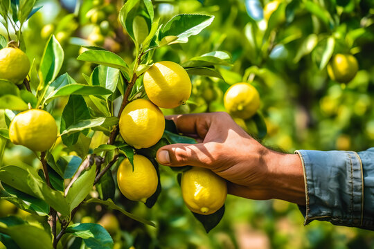 Close up of farmer male hands picking lemons fruits. Organic food, harvesting and farming concept. Generated AI.
