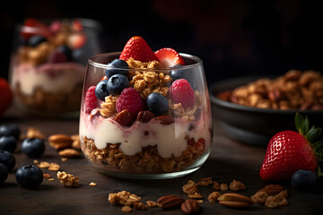 Yogurt granola parfait with sliced nuts, fresh strawberry, raspberry and blueberry in a glass jar on dark background. Generative AI.