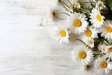 Fototapeta premium Daisy flowers on white wooden background, summer chamomile flat lay. Valentine's, womens, mothers day, birthday or wedding concept. Top view. Copy space. Generated AI.
