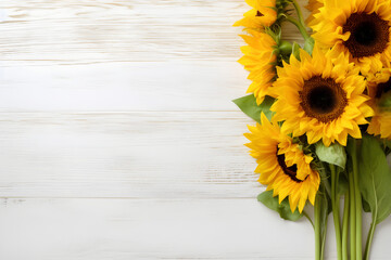 Sunflowers on white wooden background. Valentine's, womens, mothers day, birthday or wedding, summer flowers flat lay. Top view. Copy space. Generated AI.