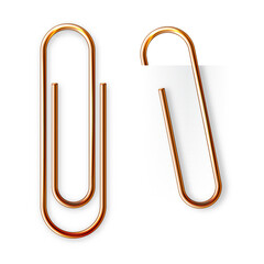 Realistic copper paperclip attached to paper isolated on white background. Shiny metal paper clip, page holder, binder. Workplace office supplies. Vector illustration