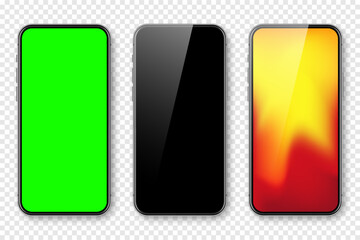 Smartphone with blank touch screen and abstract colorful wallpaper, green chroma key background. Frameless mobile phone in front view. High quality detailed device mockup. Vector illustration