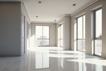 Fototapeta na wymiar The modern interior of an empty white living room with large windows Generative AI