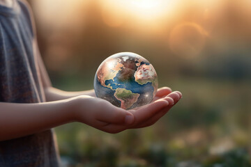 Childs hands holding transparent earth globe over blurred background. Generative AI