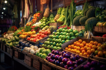 Fototapeta na wymiar A bustling fresh market with rows of colorful fruits and vegetables. Generative AI