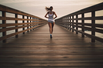 Woman running on wooden boardwalk in sunrise seaside. Sports lifestyle. Generative AI