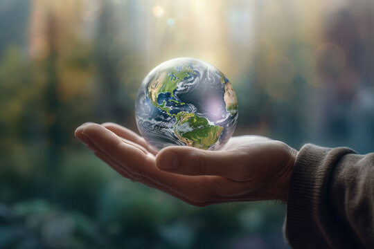 Man hands holding transparent earth globe over blurred background. Generative AI