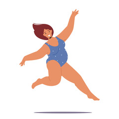 Joyful Plump Woman In A Swimsuit Defies Societal Expectations By Jumping. Energetic, Confident Fat Female Character