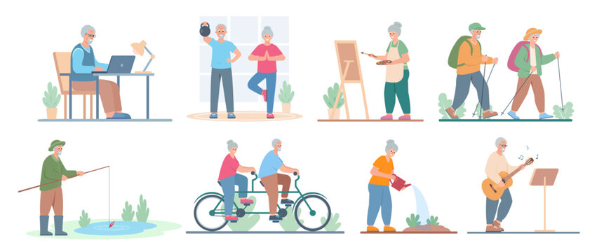 Senior people hobby set. Elderly men and women hiking, painting, fishing, cycling, gardening, plaaying guitar and exercising. Healthy active lifestyle and leisure activities. Vector illustration.