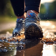Jogger stepping in a puddle