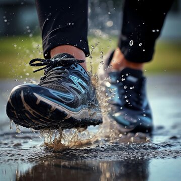 jogger stepping in a puddle