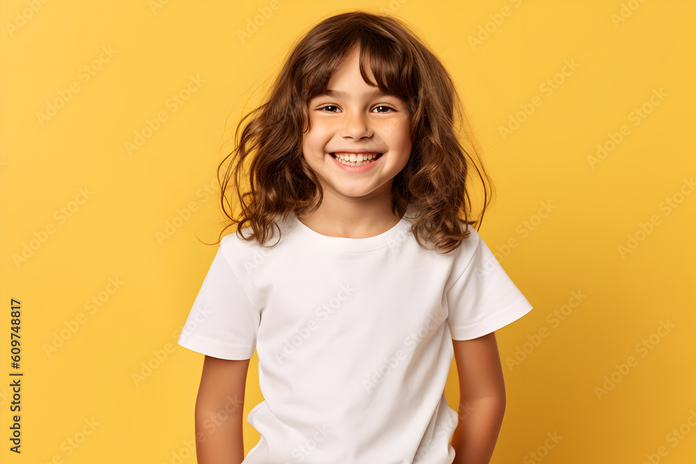 Sticker Female child, girl wearing bella canvas white shirt mockup, at yellow background. Design tshirt template, print presentation mock-up. AI generated.