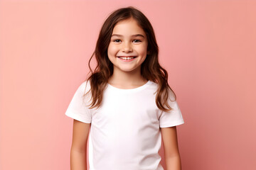 Female child, girl wearing bella canvas white shirt mockup, at pink background. Design tshirt template, print presentation mock-up. AI generated.