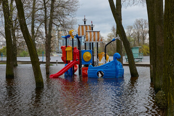 flood in the city, flooded playground