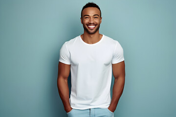 Young man wearing bella canvas white shirt mockup, at blue background. Design tshirt template, print presentation mock-up. AI generated. - obrazy, fototapety, plakaty