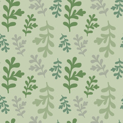 Fototapeta na wymiar Floral seamless pattern. Green branches with leaves repeat on light background. Vector illustration.