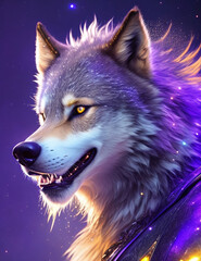 KI Portrait eines männlichen Werwolfs in stimmungsvollem, buntem Licht. Farbexplosion