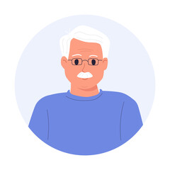 Senior man avatar. Smiling elderly man with beard with gray hair. Vector people character illustration. Cartoon minimal