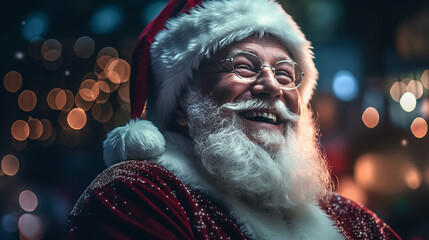 Close up portrait of smiling Santa Claus looking at camera,  Created using generative AI tools.