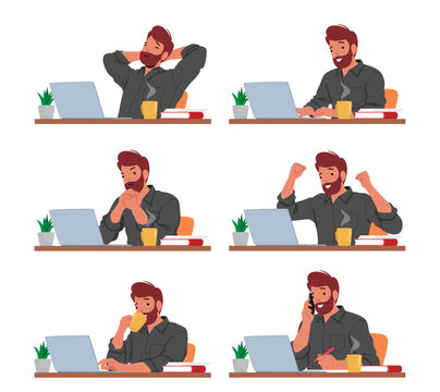 Male Character Works On His Laptop With Various Emotions. Man Displaying Focus, Frustration, Joy, Determination