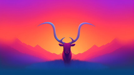 Illustrative Bull in a field on a grassy hill.