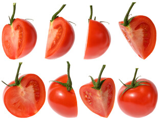 Various pieces of red ripe tomato on a white isolated background