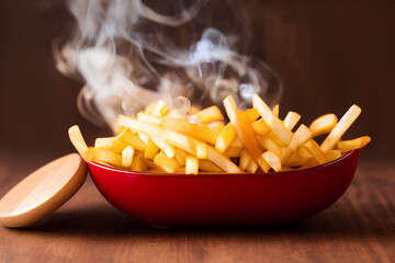 Fried Potatoes in a Red Bowl with Heat Smoke, Delicious, Golden, French fries, Potato chip, Generative AI