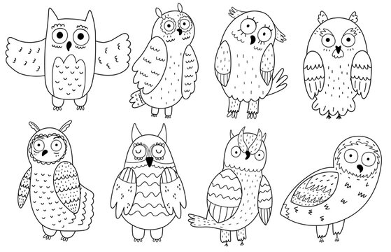 Cute black and white owls set in cartoon style. Funny doodle owlets outline collection for kids design, baby shower, fabric and textile. Vector illustration