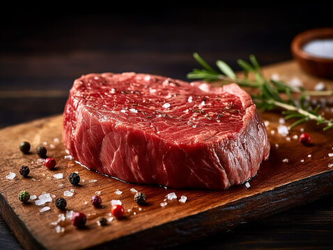 succulento filet mignon crudo , filetto di manzo da cuocere,  su vassoio di legno, sale grosso e rosmarino, illustrazione creata con ai