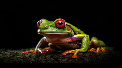 Fototapeta premium Green Frog With A Vibrant Red Eye Stares Directly. Copy space. Generative AI. 5