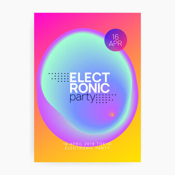 Electro Fest. Gradient Background For Invitation Template. Cool Effect For Set. Sound And Carnival Shape. Bright Electronic Party. Purple And Turquoise Electro Fest