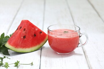 Watermelon smoothie, juice in a transparent cup, watermelon, berries, on the table, vitamin drink, fresh juice, background, background image