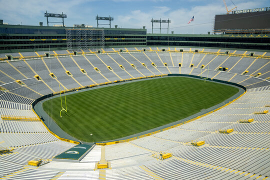 Green Bay, Wisconsin - June 2, 2023: Lambeau Field, home of the NFL Green Bay Packers football team, as seen empty, no people, on a summer non-game day