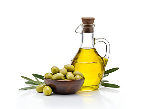 Bottle of olive oil with olives on white background.