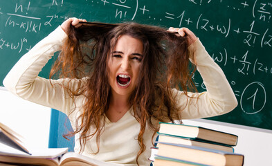 Young female math teacher in front of chalkboard