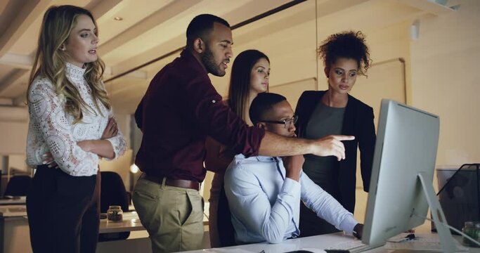 Night, business problem solving and people on computer in office for training, research and creative brainstorming. Management, coaching and person team working late online for solution or meeting