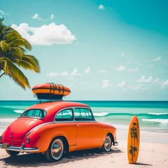 vintage red car parked on beach (seaside) with a surfboard .  Generative AI 