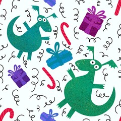 Cartoon dinosaur monsters seamless dragon pattern for wrapping paper and Christmas gift box and kids clothes