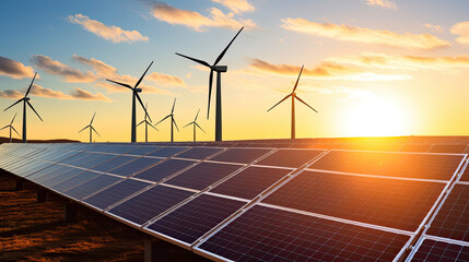 Solar farm with panels and wind turbines against a beautiful sunset sky background. The concept of energy crisis and eco-friendly renewable electricity energy. Banner with copy space