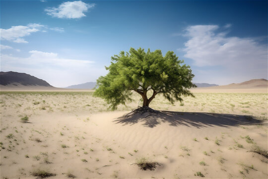 Background of tree under sunshine. Big tree standing in big desert in sand under a blue sky. AI generated content © Elena