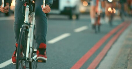 Road, busy and people in cycling lane for transport, traffic and carbon footprint. Travel, crowd and group of cyclists in the city street for sustainable transportation and morning commute on a bike