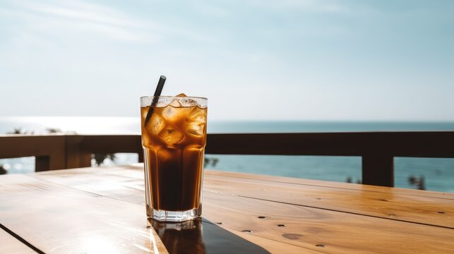 A cup of coffee is placed on a table by the sea, travel and vacation, AI generated