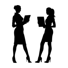 Vector illustration. Silhouette of a woman businesswoman with a folder of documents in her hand. Two colleagues.