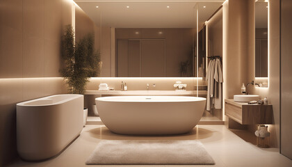 Naklejka na ściany i meble Luxury bathroom design with elegant faucet and illuminated bathtub generated by AI