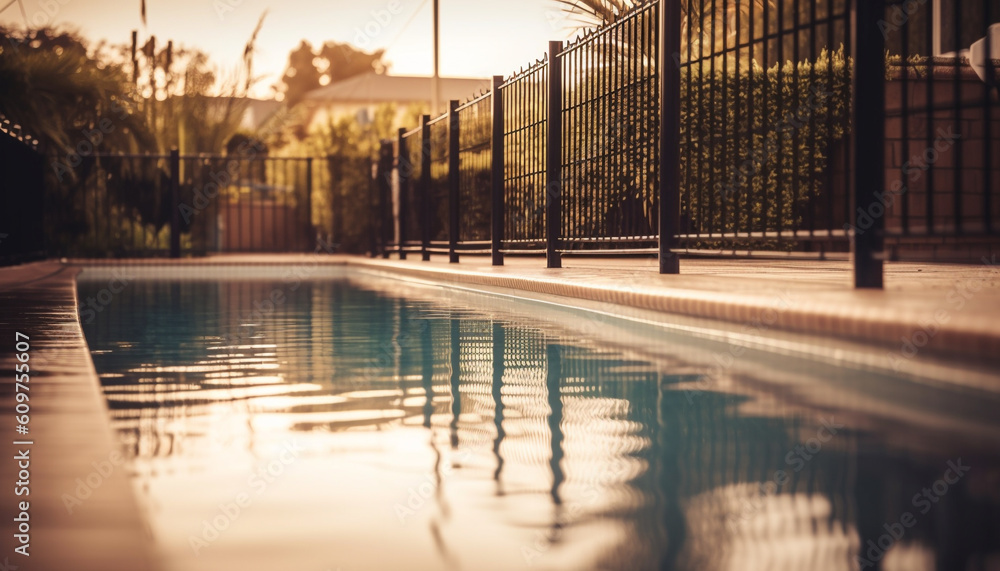 Poster sunset reflection on tranquil swimming pool, surrounded by nature architecture generated by ai