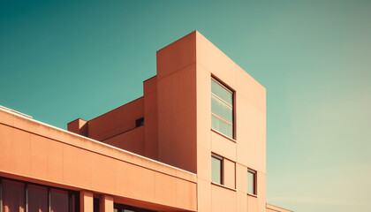 Futuristic skyscraper reflects clear blue sky in modern cityscape generated by AI