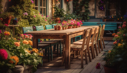 Obraz na płótnie Canvas Rustic dining table with flower pot centerpiece brings summer indoors generated by AI