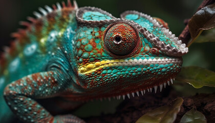 Green lizard head close up, horned, looking at camera, tropical forest generated by AI