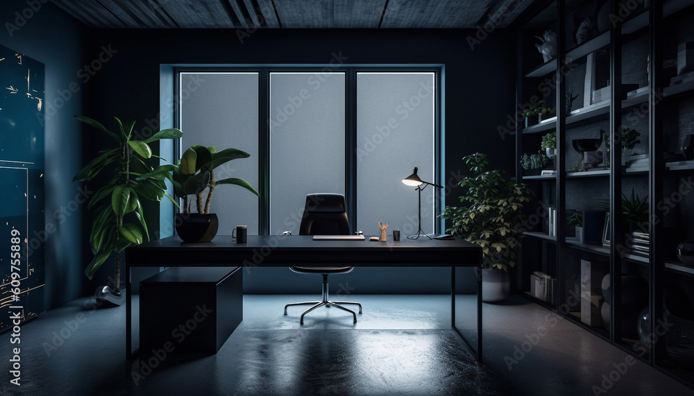 Poster modern office design with empty desk and illuminated electric lamp generated by ai