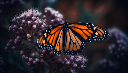 Fototapeta na wymiar Vibrant monarch butterfly pollinates purple flower in natural beauty generated by AI